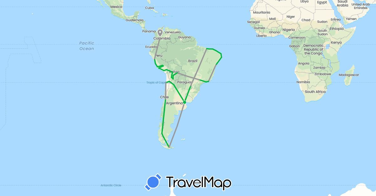 TravelMap itinerary: driving, bus, plane in Argentina, Bolivia, Brazil, Chile, Colombia, Peru (South America)